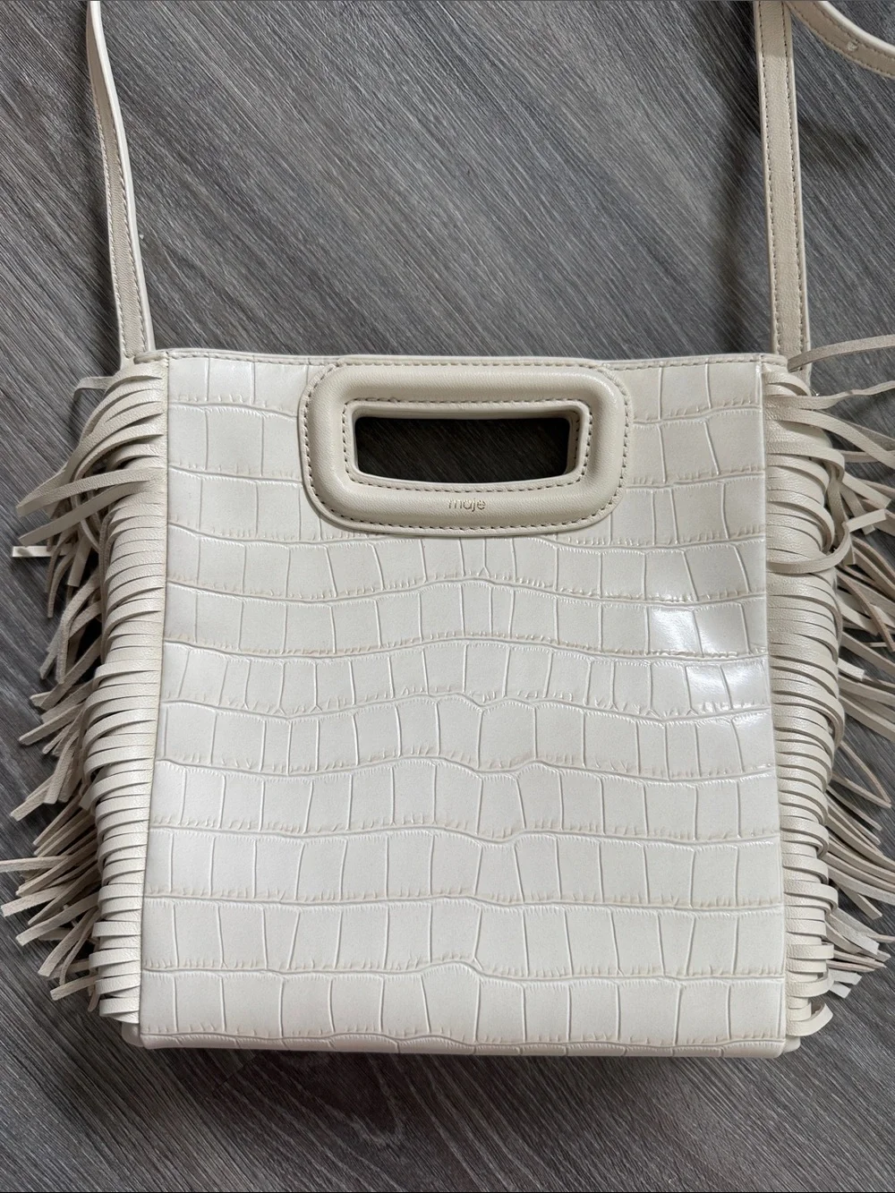 Maje Cream Croc-Embossed Fringe Crossbody Bag